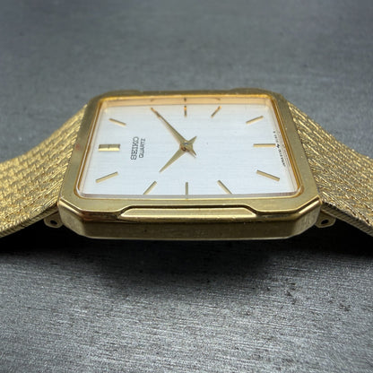 Seiko Tank Watch Men 25mm Silver Dial Gold Tone Rectangle READ! 5Y30-5B49 NewBat5