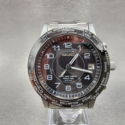Seiko World Time Solar Watch Men 39mm Black Dial Silver Tone Date 7b25-0ad0 Runs