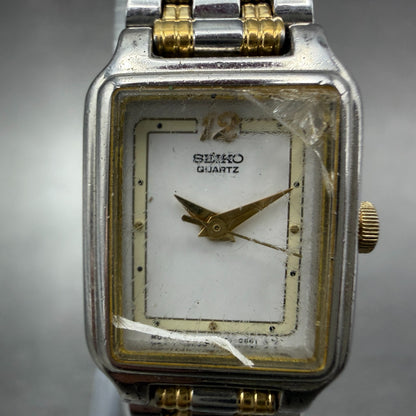 Seiko Tank Watch Women 18mm White Dial Two Tone Rectangle V401-5129 New BatteryX1