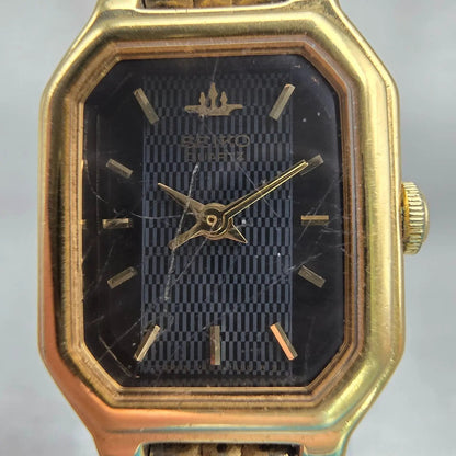 Seiko Watch Women 17mm Black Dial Gold Tone Rectangle V401-5250 New Battery VTG1