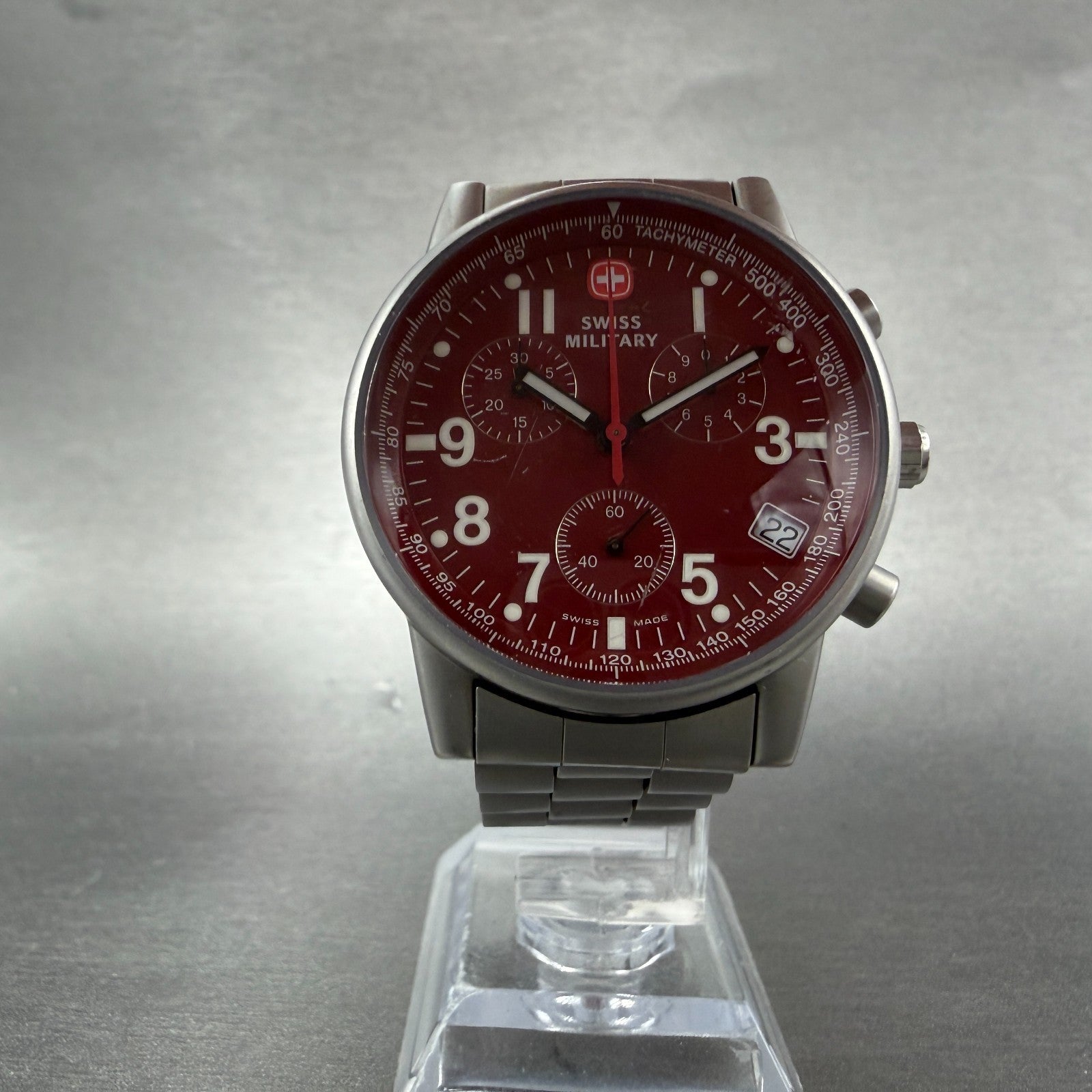 Swiss Military Chronograph Watch Men 39mm Red Dial Steel Date 536.0766 New Bat5