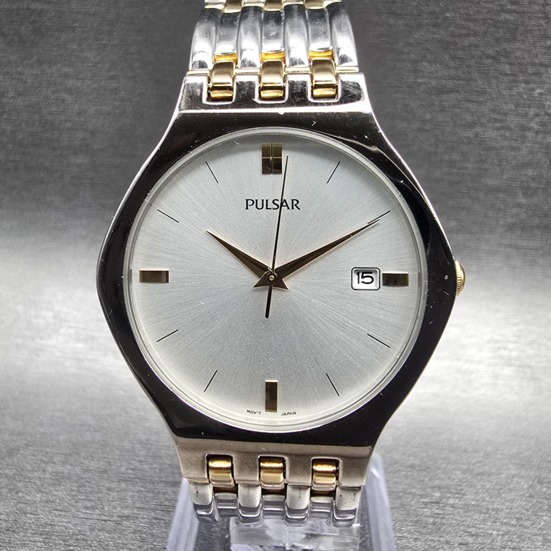 Seiko Pulsar Watch Men 35mm Silver Dial Silver Tone Date Round V732-X090 New Bat0