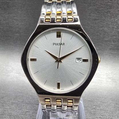 Seiko Pulsar Watch Men 35mm Silver Dial Silver Tone Date Round V732-X090 New Bat0