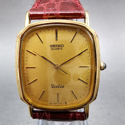 Seiko Dolce Watch Men 28mm Gold Dial Gold Tone Rectangle 95215120 New Battery1