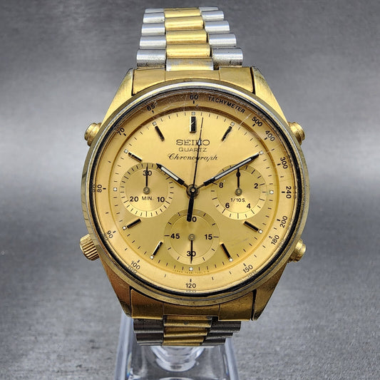 Seiko Chronograph Watch Men 37mm Gold Dial Two Tone 7A28-7020 Round New Battery