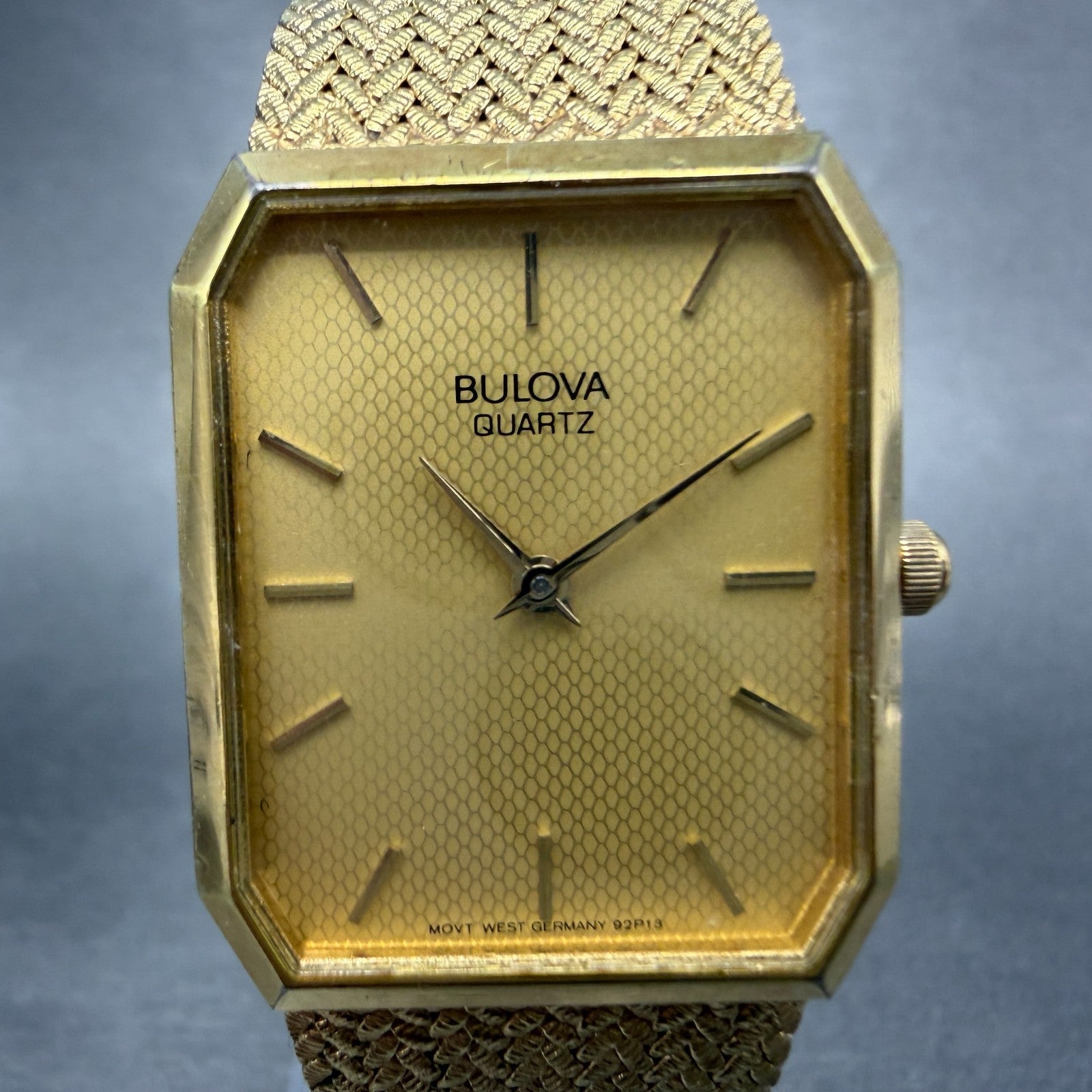 Bulova Tank Watch Men 25mm Gold Dial Gold Tone Octagon Mesh Band 92P13 New Batt1