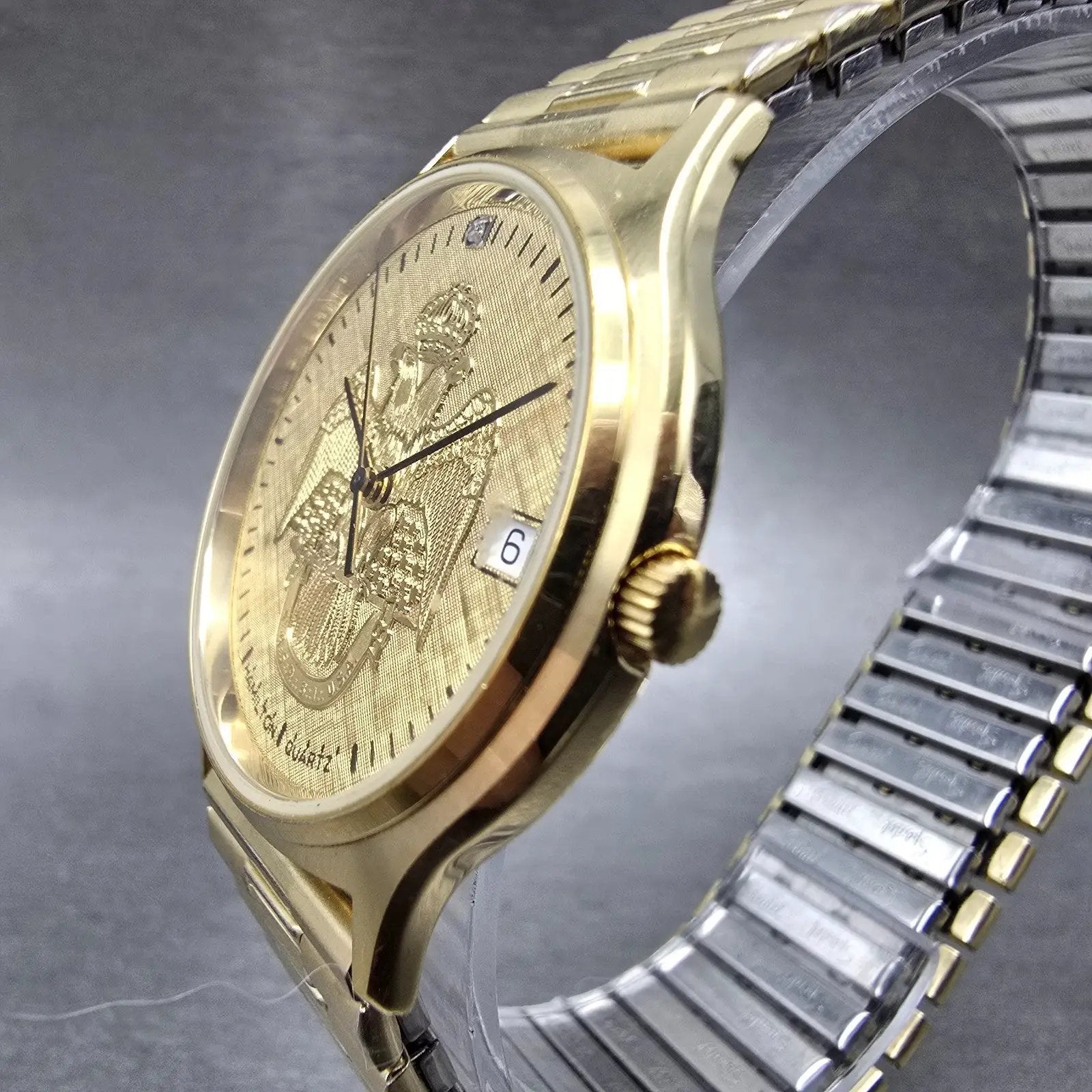 Hamilton Masonic Watch Men 34mm Gold Dial Gold Tone Date Round 9812 New BatteryP2