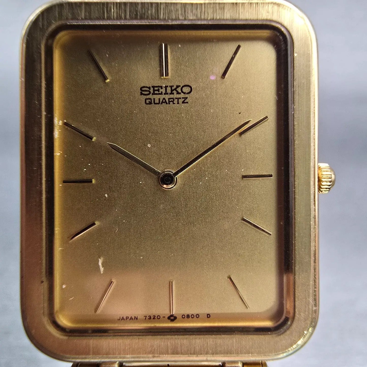 Seiko Watch Men 23mm Gold Dial Gold Tone Rectangle 7320-5889 New Battery VTG1