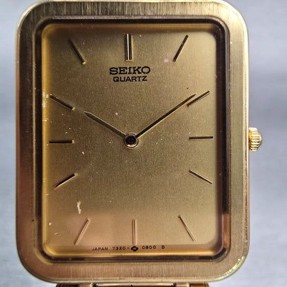Seiko Watch Men 23mm Gold Dial Gold Tone Rectangle 7320-5889 New Battery VTG1