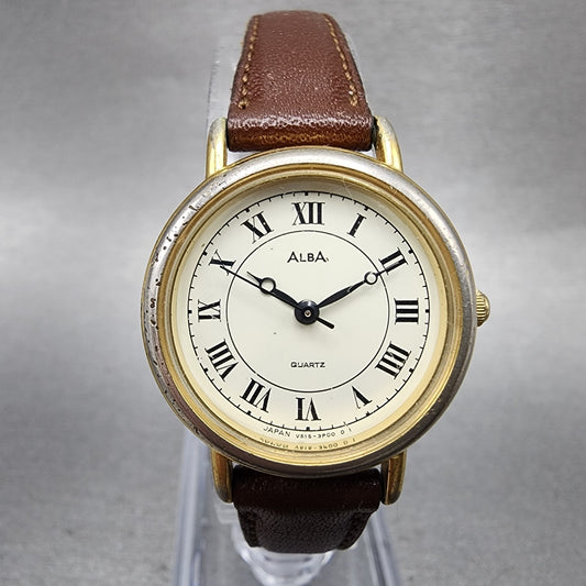 Seiko Alba Watch Women 25mm White Dial Gold Tone Round V5156A20 New Battery0