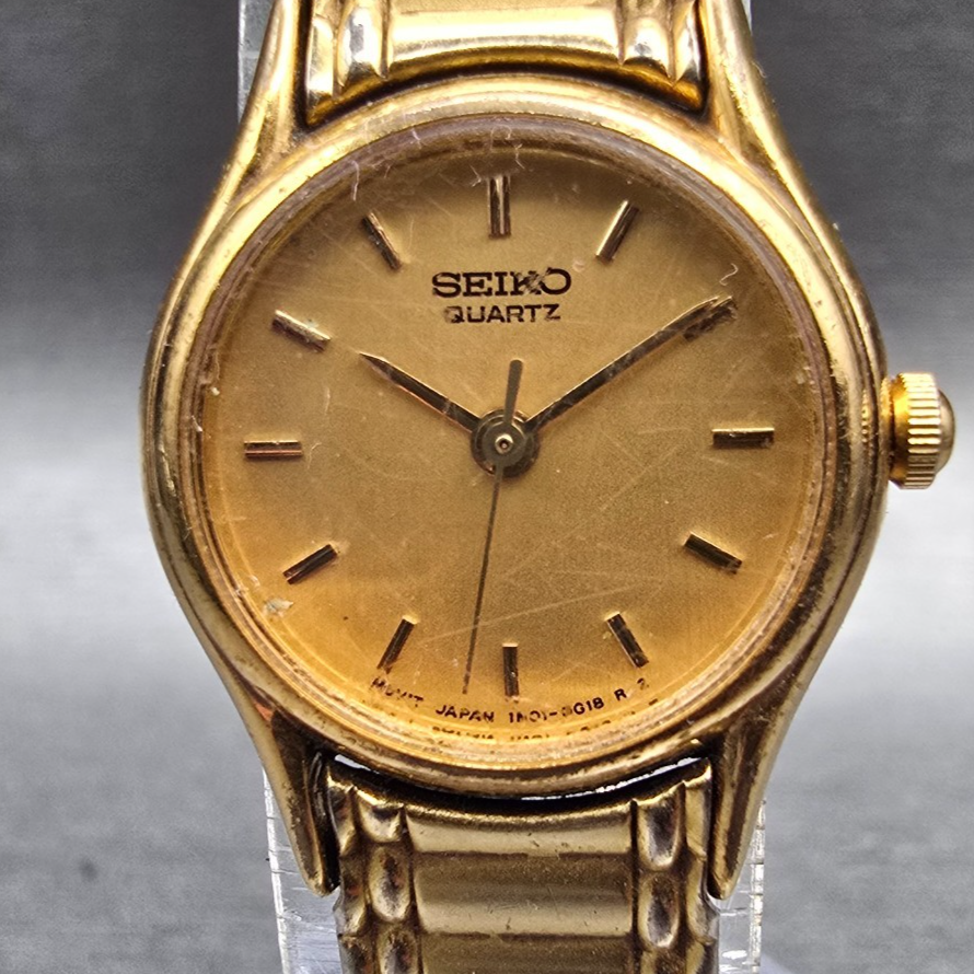 Seiko Watch Women 20mm Gold Dial Gold Tone Round 1N01-0E19 New Battery VTG JP231