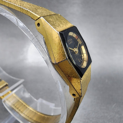 Citizen CQ Watch Women 17mm Black Dial Gold Tone Hexagon 3220322231 New Batt3