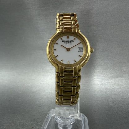 Raymond Weil Watch Women 25mm White Dial Gold Tone Date 9968 New Battery READ!!!5