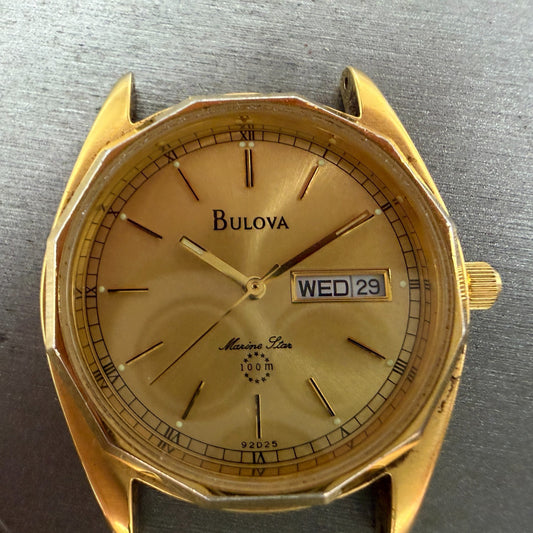 Bulova Marine Star Watch Men 35mm Gold Dial Gold Tone Daydate 92D25 PARTS0