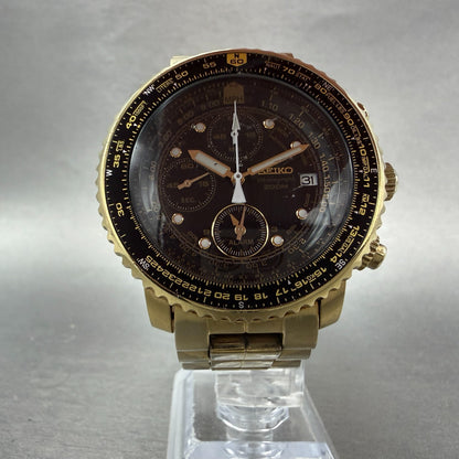 Seiko Flightmaster Chronograph Watch Men 42mm Black Dial Gold Tone Date New Batt5