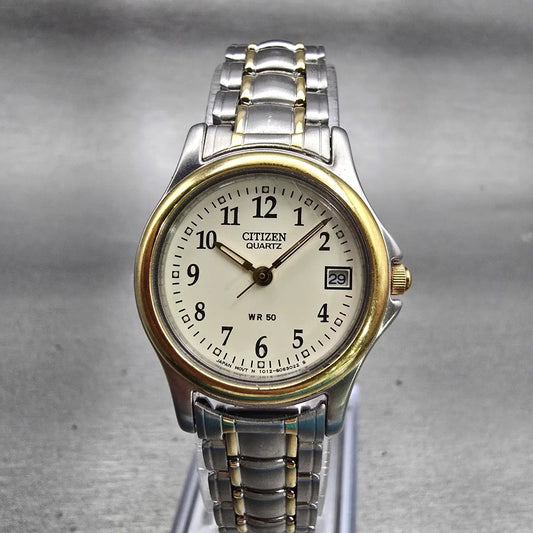 Citizen Watch Women 24mm Ivory Dial Two Tone Date Round 1012-S038375 New Batt LD0