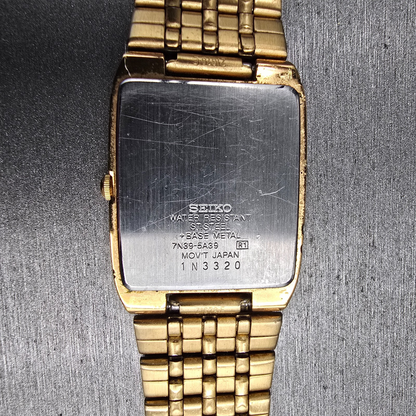 Seiko Tank Watch Men 27mm Champagne Dial Gold Date Rectangle 7N39-5A39 New Batt10