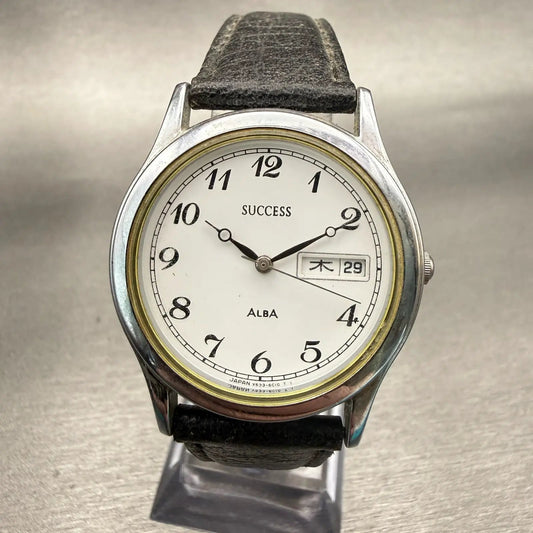Alba Success Watch Men 33mm White Dial Silver Daydate Round V533-6B60 New Batt0