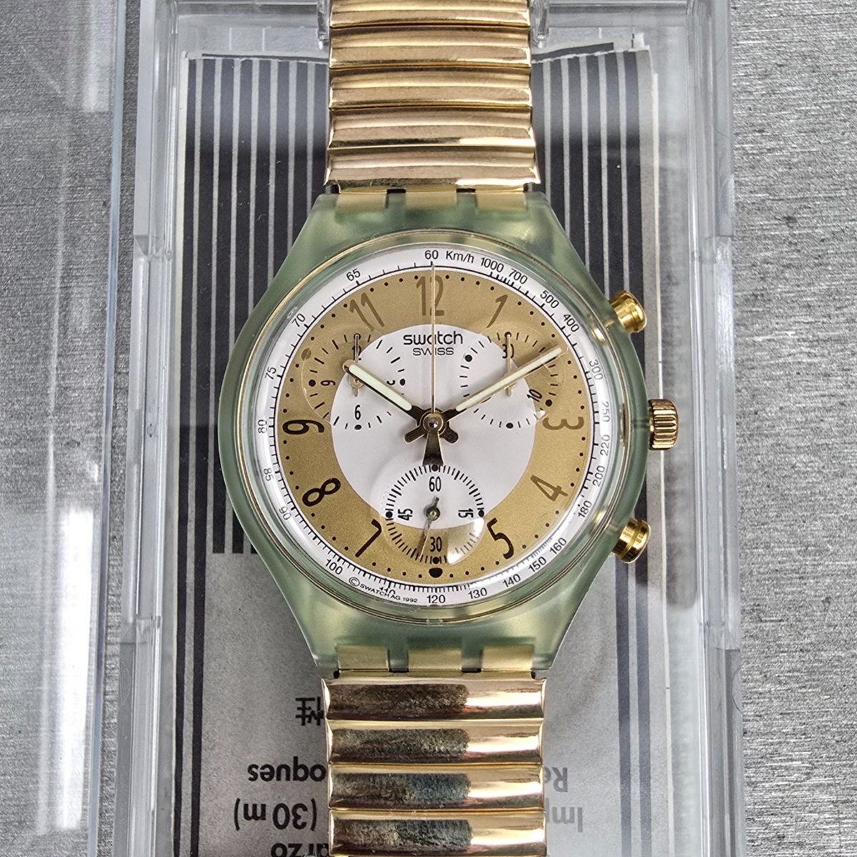 Swatch Chrono Golden Globe Watch Men 37mm Gold Dial Green Case SCG100 NewBat NOS0
