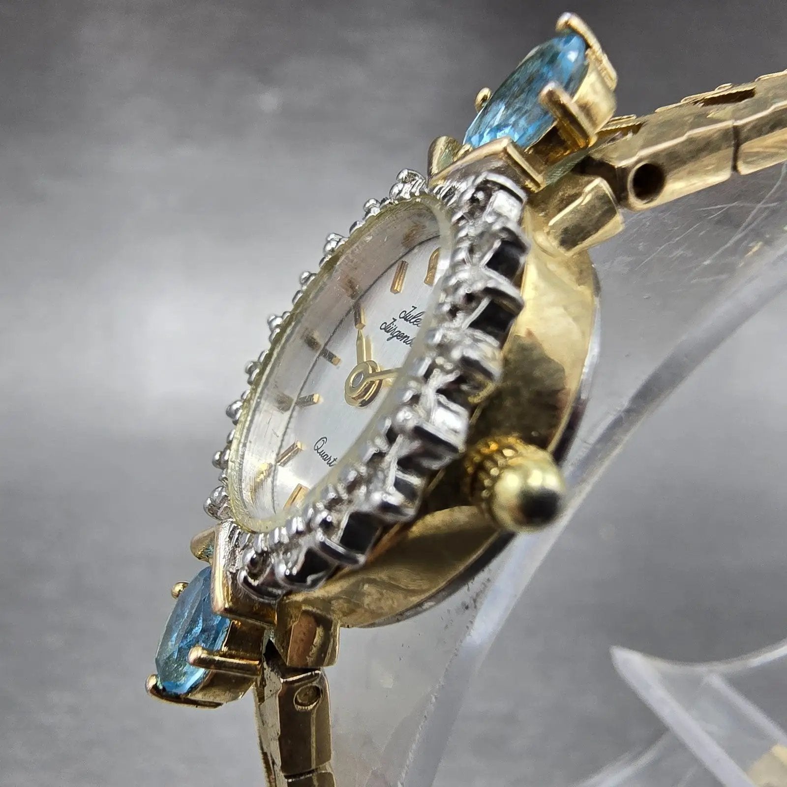 Jules Jurgensen Watch Women 15mm Silver Dial Gold Oval Blue Gems New Battery2