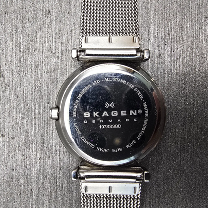 Skagen Watch Women 22mm Black Dial Silver Tone Round 107SSSBD New Battery Mesh10