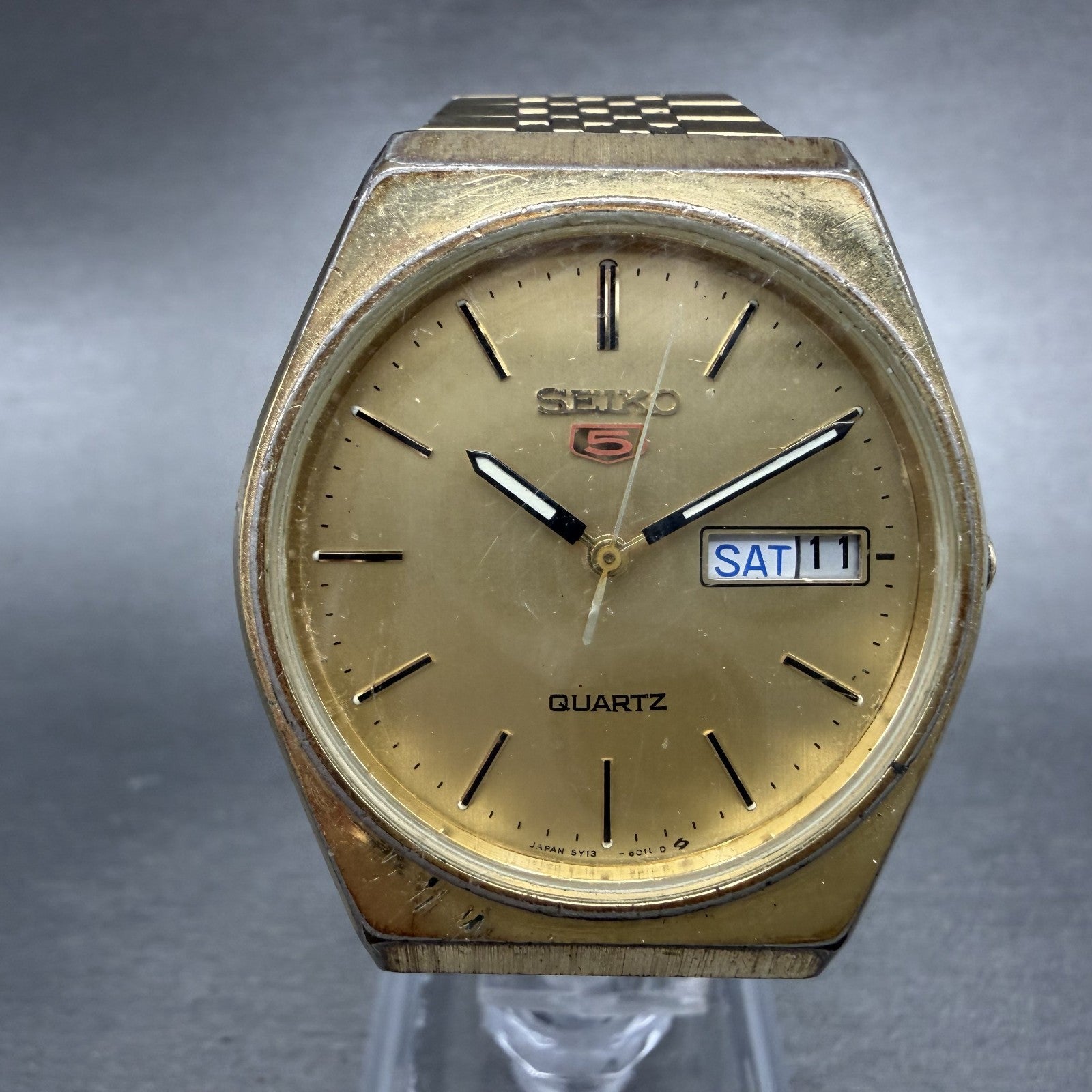 Seiko 5 Watch Men 34mm Champagne Dial Gold Tone Daydate 5Y13-8010 New Batt READ!0