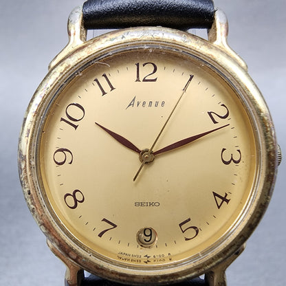 Seiko Avenue Watch Unisex 31mm Gold Dial Gold Tone Date Round 5H226150 New Batt1