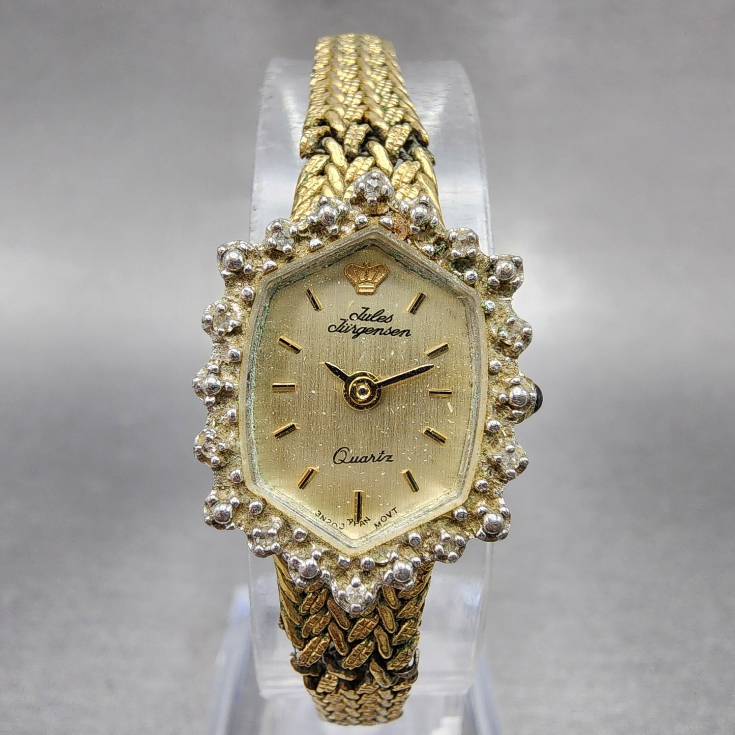 Jules Jurgenson Watch Women 15mm Gold Dial Gold Tone Hexagon Gem Set Bezel Runs0