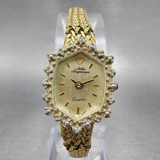 Jules Jurgenson Watch Women 15mm Gold Dial Gold Tone Hexagon Gem Set Bezel Runs0