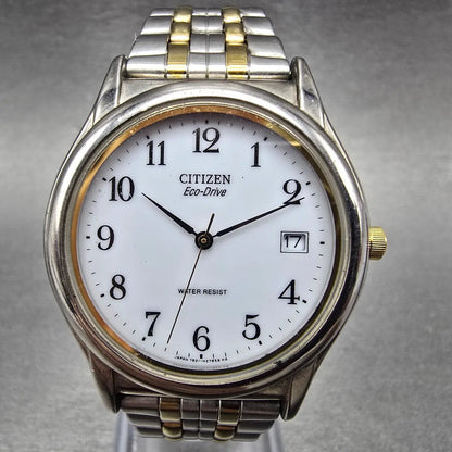 Citizen Eco-Drive Watch Men 35mm White Dial Two Tone Date Round 7821-L16975 Runs0
