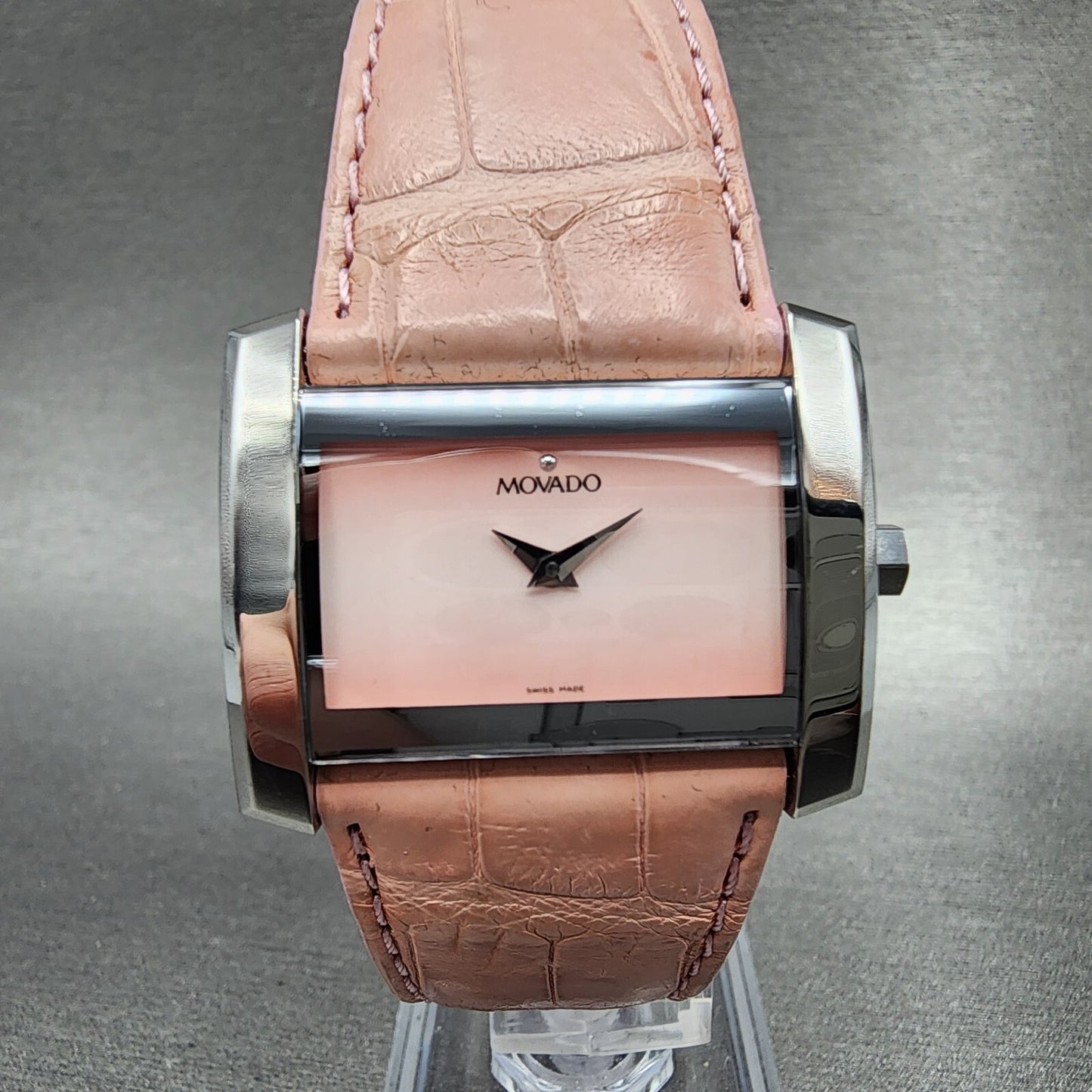 Movado Eliro Watch Women 32mm Pink Dial Silver Tone Rectangle New Battery0