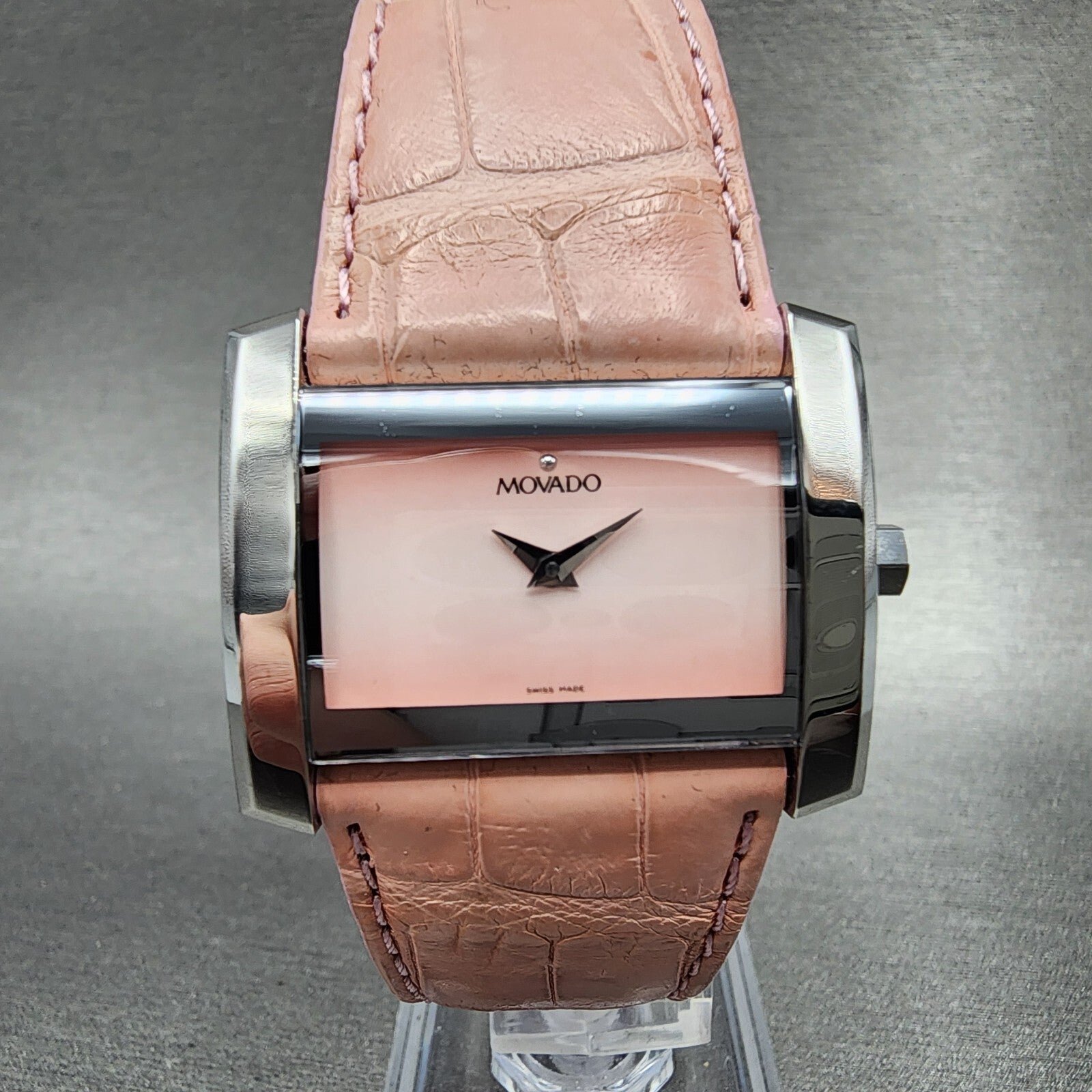 Movado Eliro Watch Women 32mm Pink Dial Silver Tone Rectangle New Battery0
