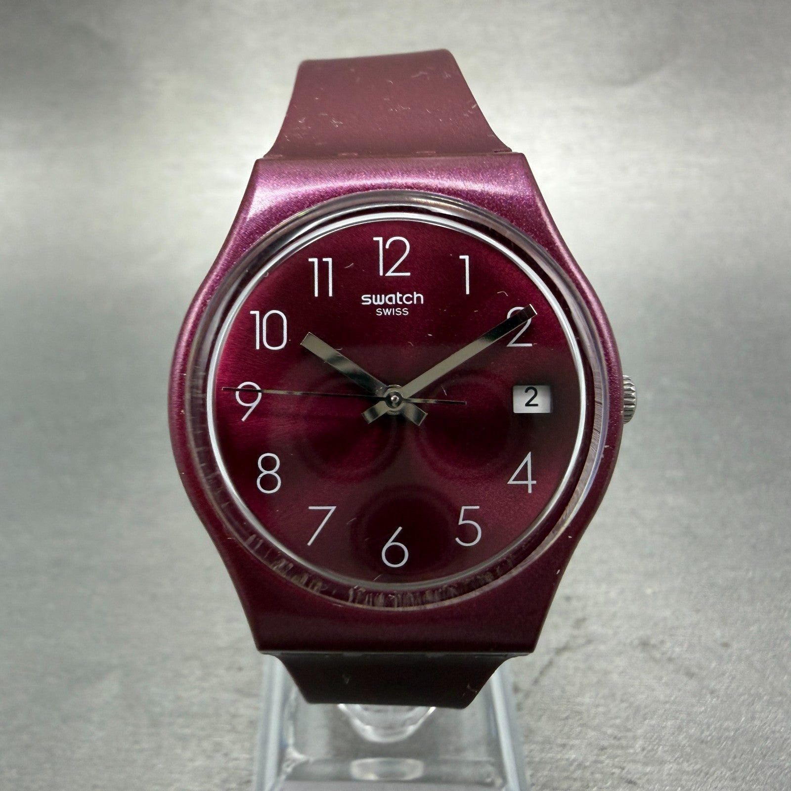 Swatch Redbaya Watch Men Purple Dial Purple Tone Date Round GR405 New battery0