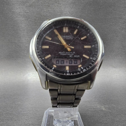Casio Wave Ceptor Watch Men 42mm Black Dial Steel Solar Analog Digital Works JP95