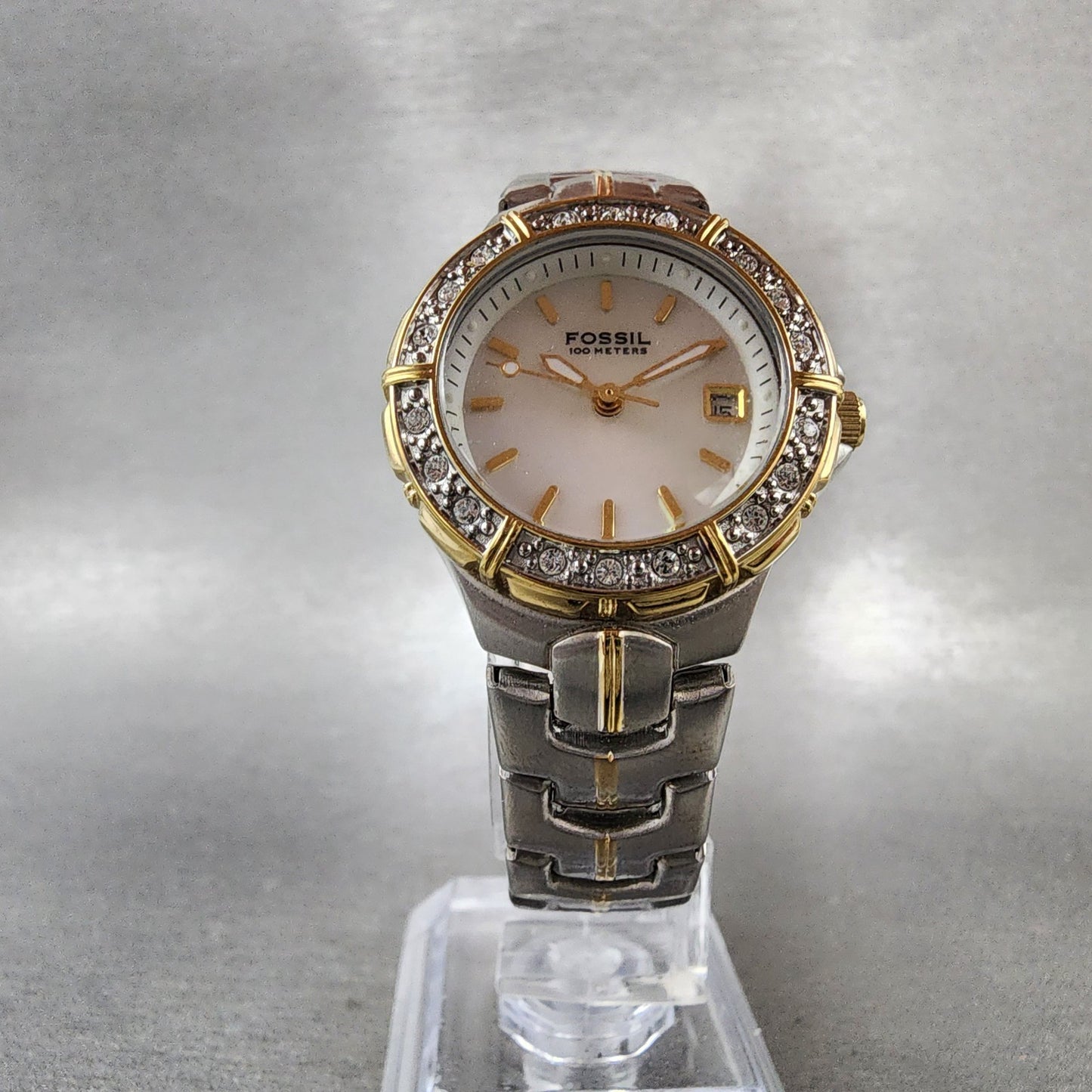 Fossil Dive Watch Women 28mm MOP Dial Two Tone Date Crystal Bezel AM3757 NewBat5