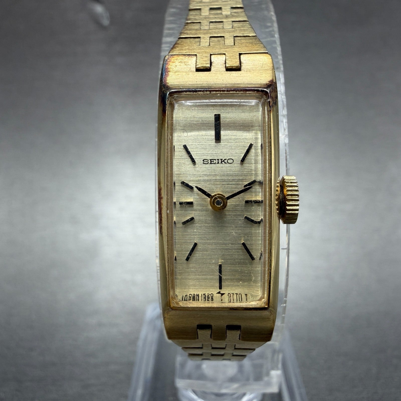 Seiko Tank Watch Women 12mm Champagne Dial Gold Tone Rectangle Manual Wind Runs50