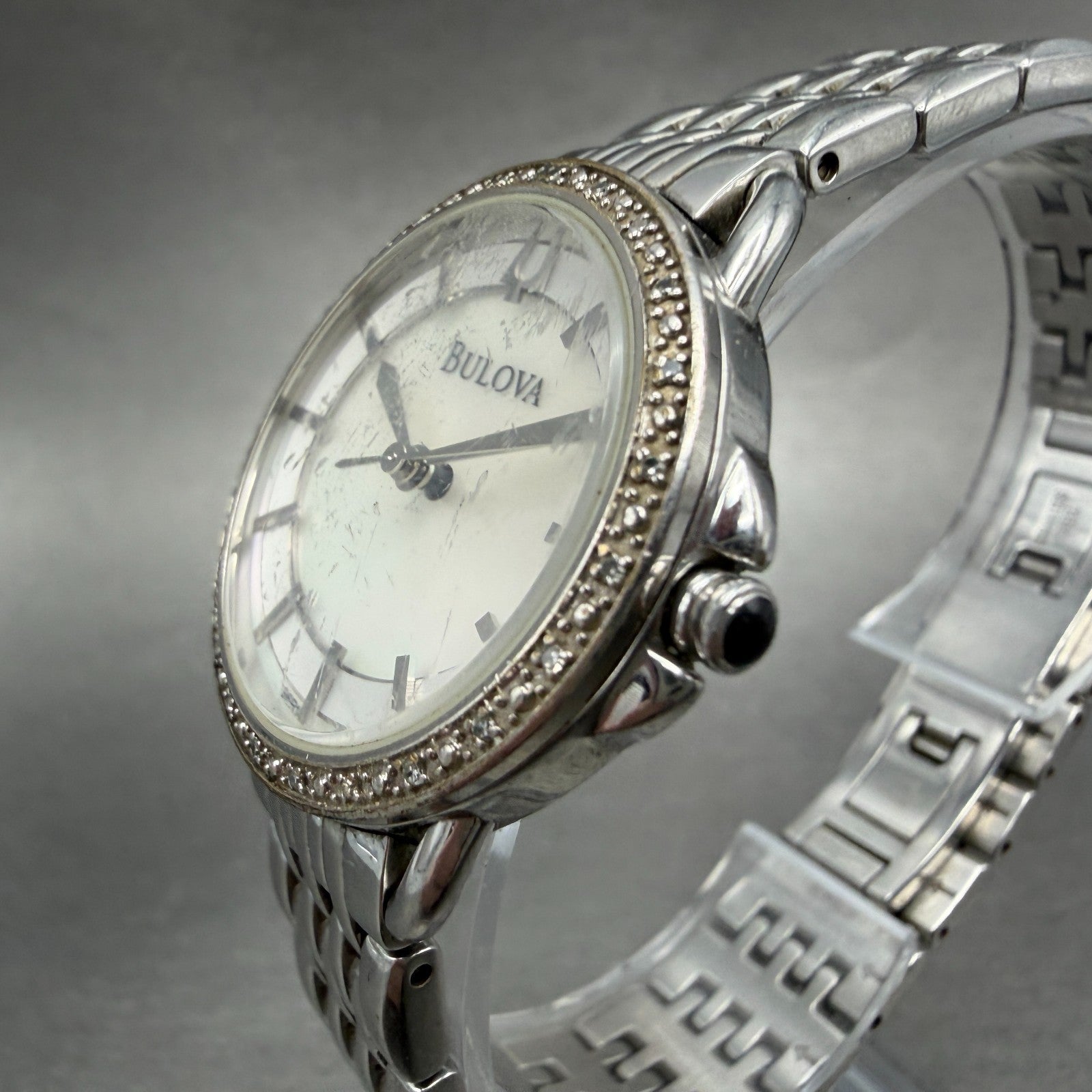 Bulova Watch Women 31mm MOP Dial Silver Tone Round Diamonds 96R146 New Battery2