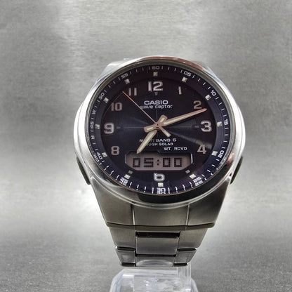 Casio Wave Ceptor Watch Men 43mm Blue Dial Silver Solar Alarm Daydate Works JP5