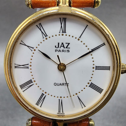 Jaz Paris Watch Women 30mm White Dial Gold Tone Round Leather Band New Battery1
