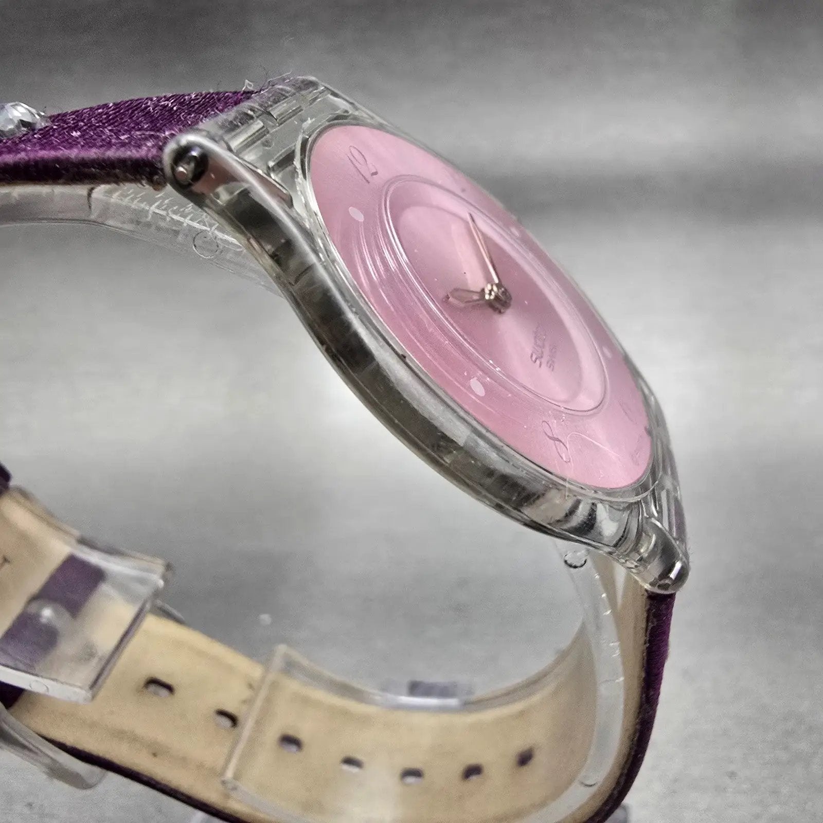 Swatch Skin FLOWER TRACK Watch Women Purple Dial Clear Case SFK278 New Battery3