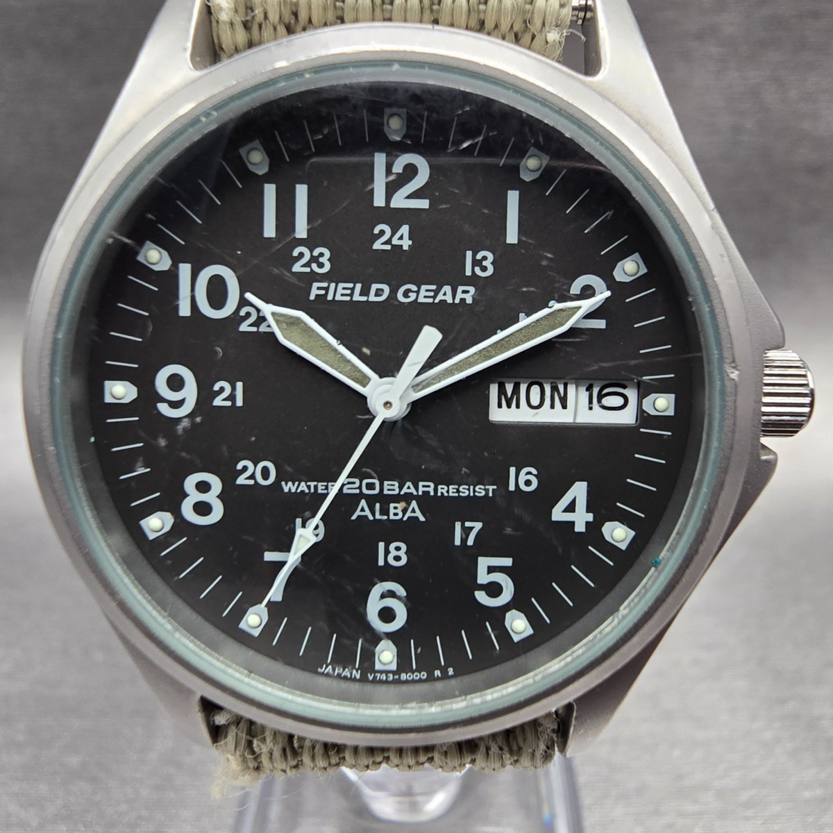 Alba Field Gear Watch Men 35mm Gray Dial Silver Daydate V743-8000 New Battery1