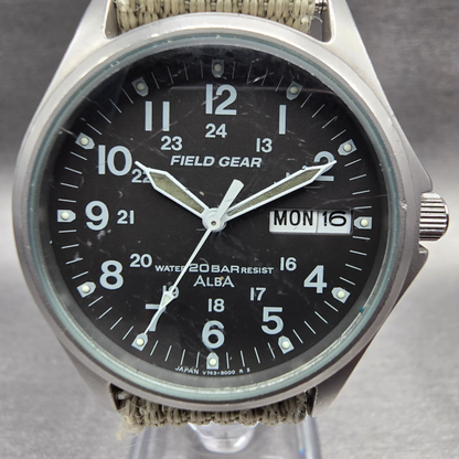 Alba Field Gear Watch Men 35mm Gray Dial Silver Daydate V743-8000 New Battery1