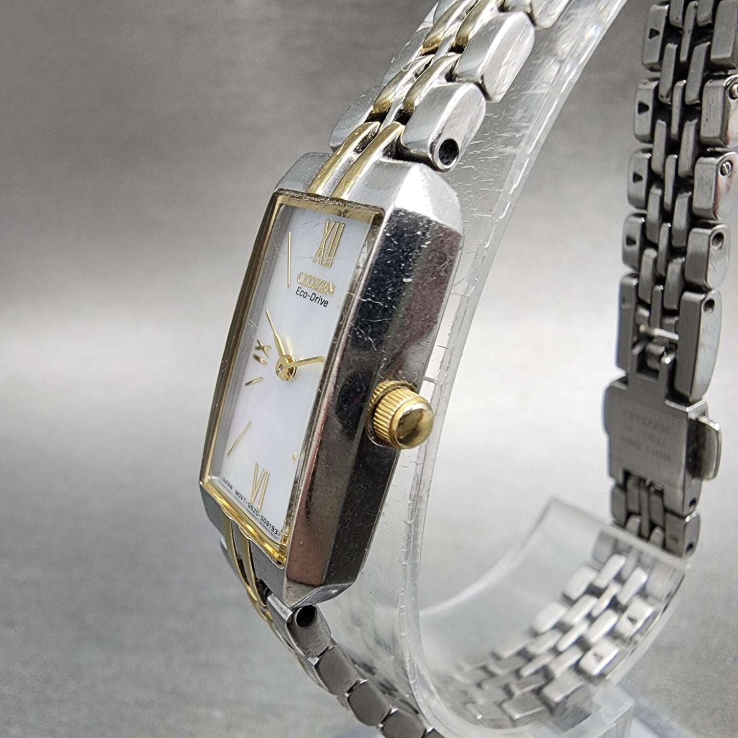 Citizen EcoDrive Tank Watch Women 15mm MOP Dial Two Tone Rectangle Runs2