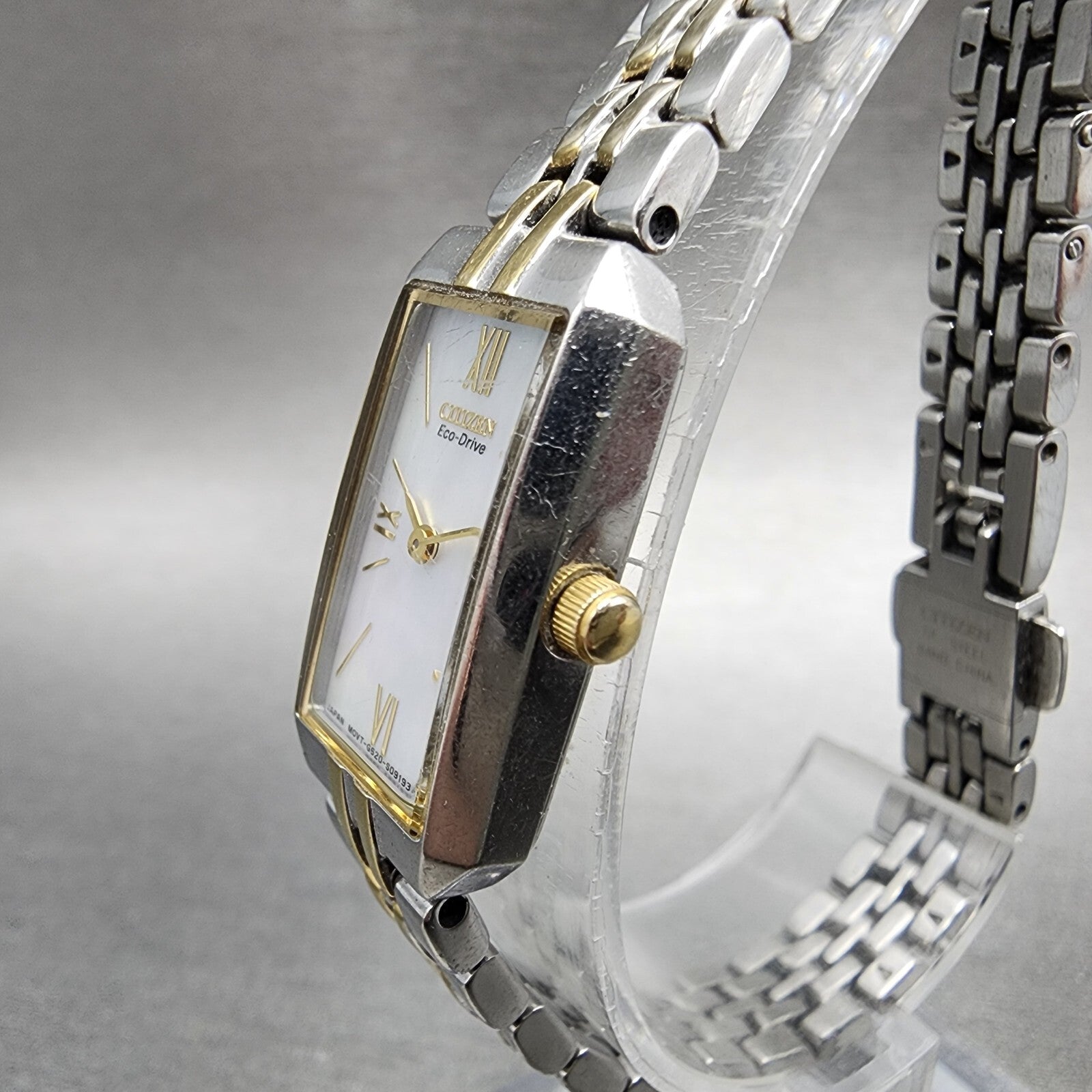 Citizen EcoDrive Tank Watch Women 15mm MOP Dial Two Tone Rectangle Runs2