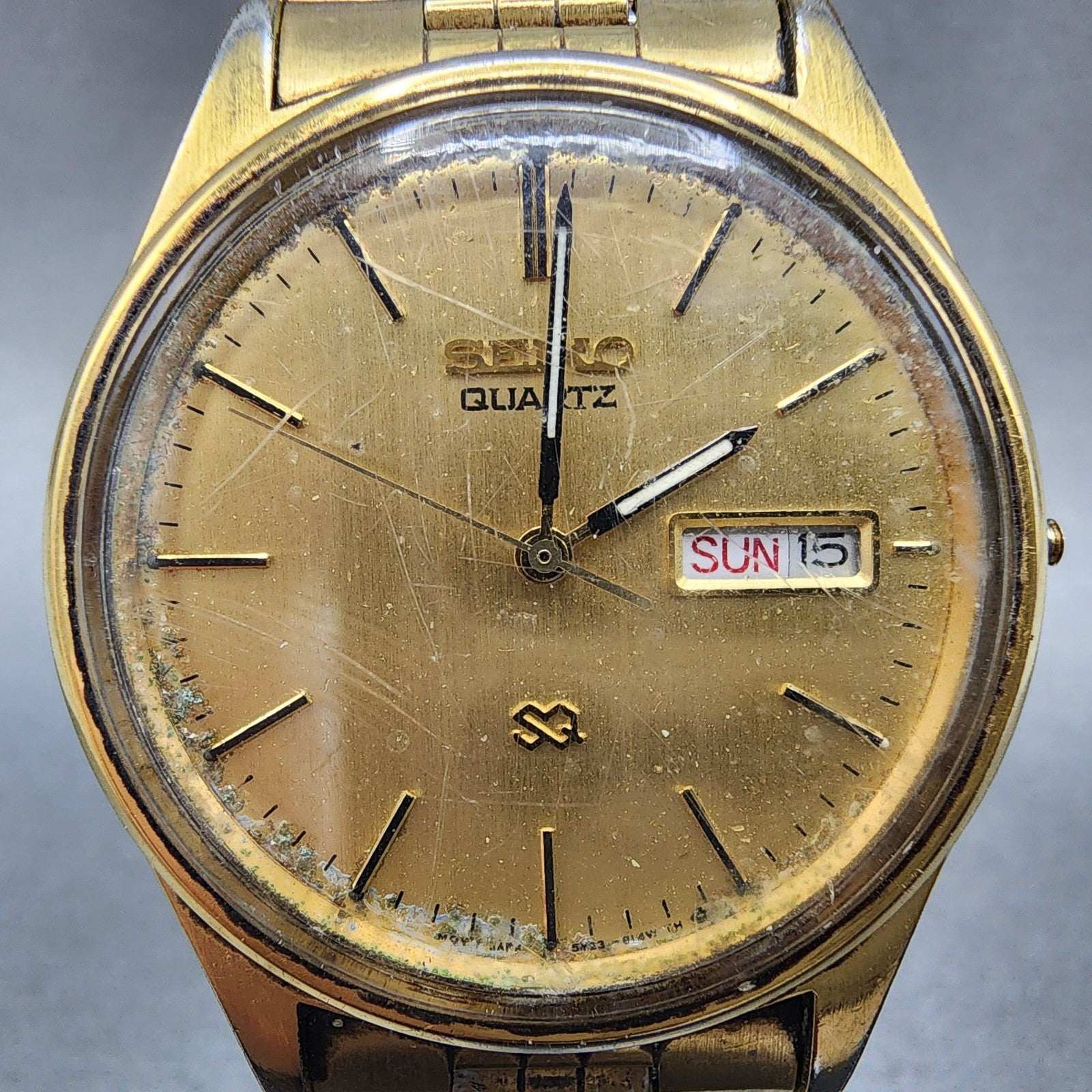 Seiko SQ Watch Men 35mm Champagne Dial Gold Tone Daydate 5y238049 NewBatt READ!1