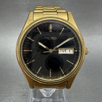 Seiko Watch Men 37mm Black Dial Gold Tone Daydate Round 7N439048 New Battery0