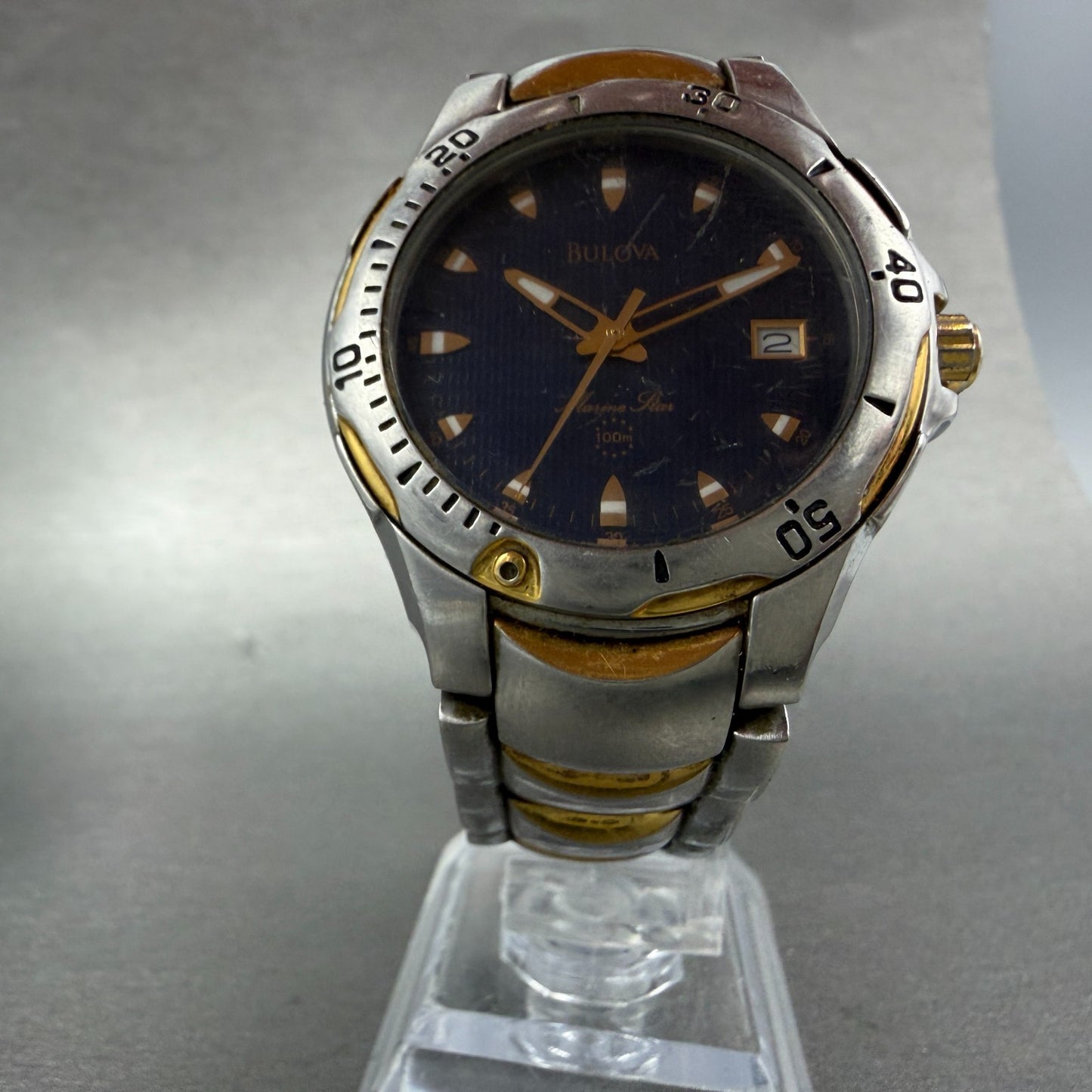 Bulova Marine Star Watch Men 37mm Black Dial Two Tone Date 98G71 New Battery5