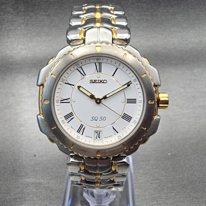 Seiko SQ Watch Men 36mm White Dial Two Tone Date Round 7N42-6090 New Battery VTG0