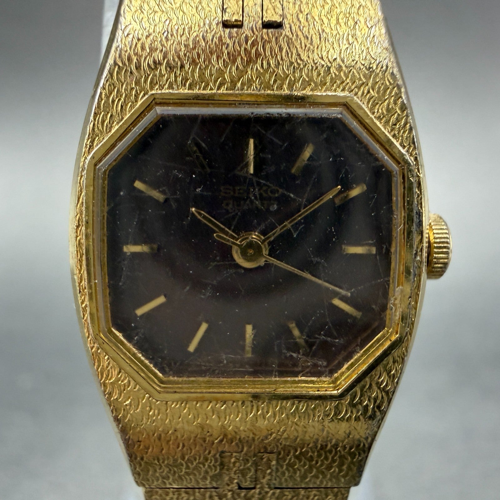 Seiko Watch Women 16mm Brown Dial Gold Tone Octagon 2C21-5470 New Battery HJ71