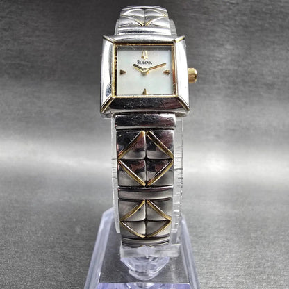 Bulova Watch Women 17mm MOP Dial Two Tone Square 98T71 New Battery5
